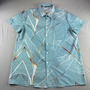 Ouku Hawaiian Shirt Mens L Blue Floral Short Sleeve Button Up Aloha Casual AOP